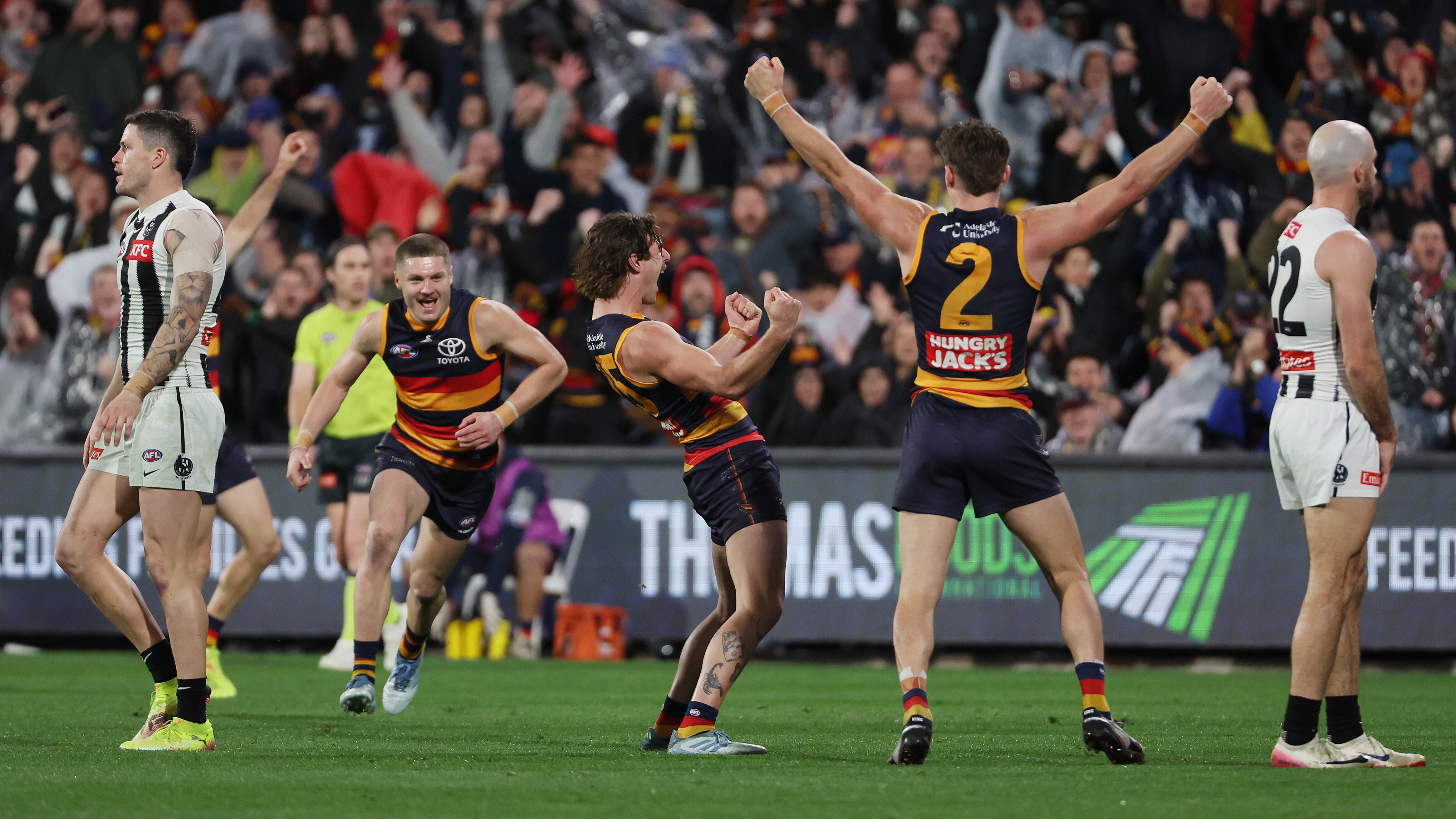 Comeback Crows snap nine-year losing streak to Magpies in crazy finish