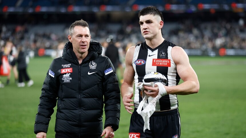 Craig McRae and Brayden Maynard after Collingwood's win over Geelong in round 22, 2023. Picture: AFL Photos
