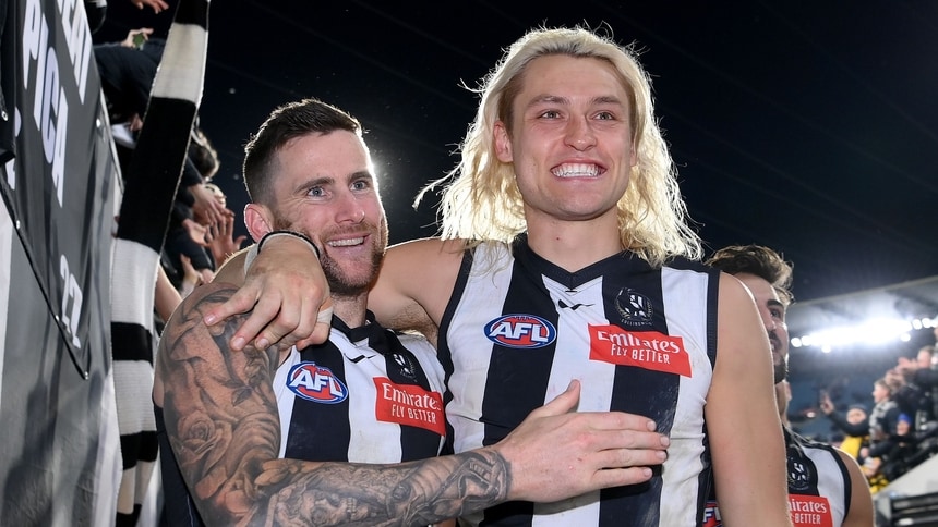 Jeremy Howe and Darcy Moore celebrate after the qualifying final between Collingwood and Melbourne at the MCG on September 7, 2023. Picture: AFL Photos