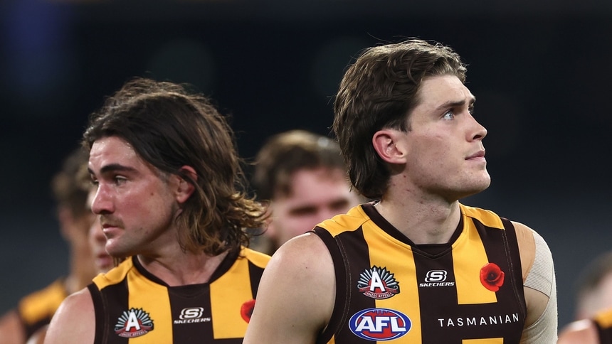 Will Day looks dejected after Hawthorn's loss to Sydney at the MCG in round seven, 2024. Picture: Getty Images