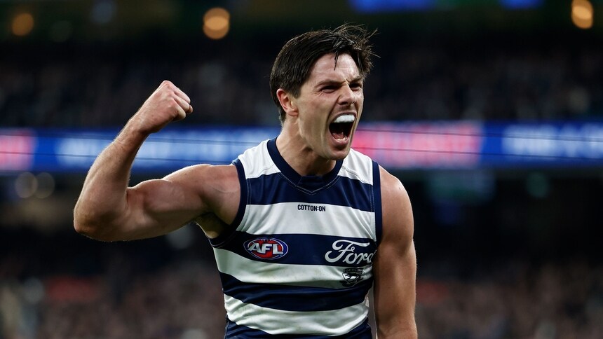 Ollie Henry celebrates a goal for Geelong against Collingwood in R18, 2024. Picture: AFL Photos