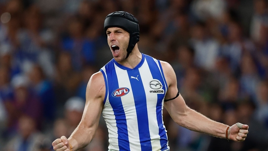 Tristan Xerri celebrates a goal for North Melbourne against Melbourne in R2, 2025. Picture: AFL Photos