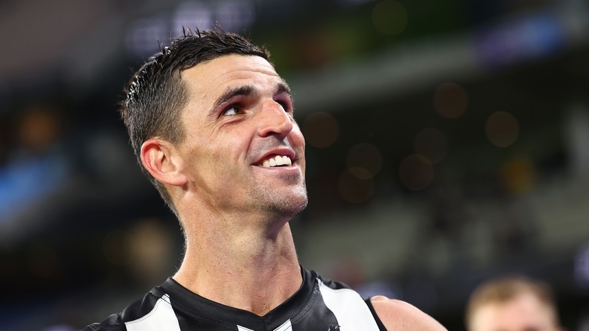 Scott Pendlebury celebrates victory following the match between Collingwood and Carlton at the MCG in round four, 2025. Picture: AFL Photos