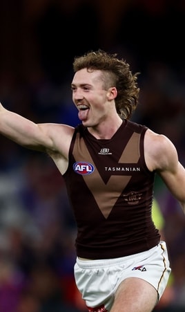Josh Weddle celebrates a goal during Hawthorn's clash with the Western Bulldogs in round 12, 2025. Picture: AFL Photos