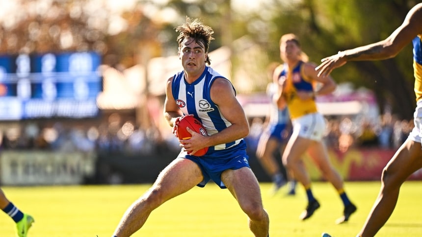 George Wardlaw in action during North Melbourne's clash against West Coast in round 13, 2025. Picture: AFL Photos