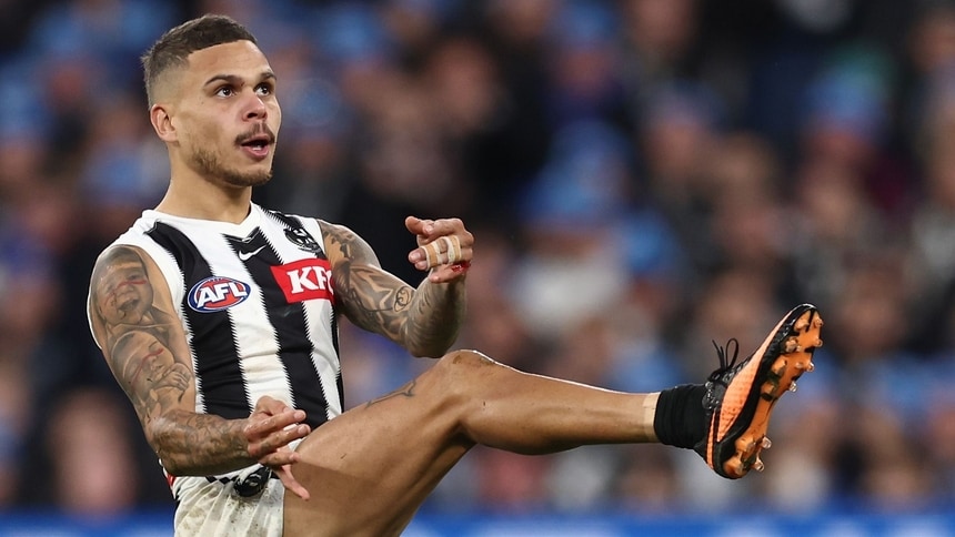 Bobby Hill kicks a goal during the R13 match between Collingwood and Melbourne at the Melbourne Cricket Ground on June 9, 2025. Picture: AFL Photos