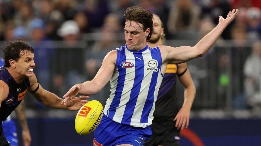 George Wardlaw in action during North Melbourne's clash with Fremantle in round 14, 2025. Picture: AFL Photos