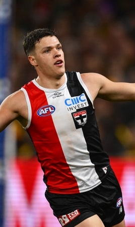 Marcus Windhager celebrates a goal during St Kilda's clash against Hawthorn in round 17, 2025. Picture: Getty Images