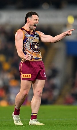 Lachie Neale celebrates a goal during Brisbane's clash against Port Adelaide in round 17, 2025. Picture: AFL Photos