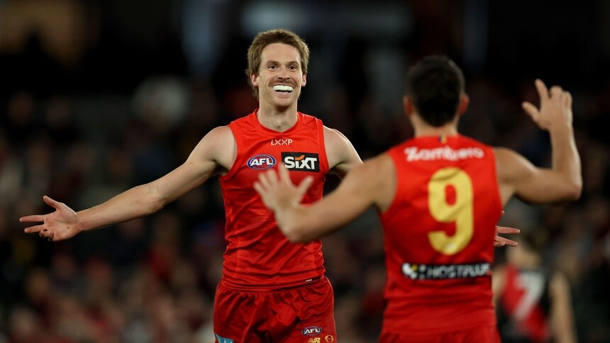 Noah Anderson celebrates kicking a goal during the match between Essendon and Gold Coast at Marvel Stadium in round 17, 2025. Picture: Getty Images