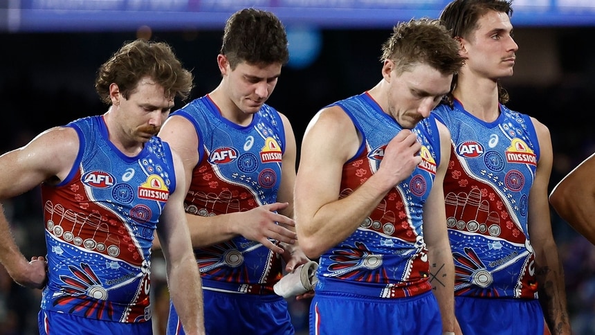 The Western Bulldogs look dejected after a loss during round 18, 2025. Picture: AFL Photos