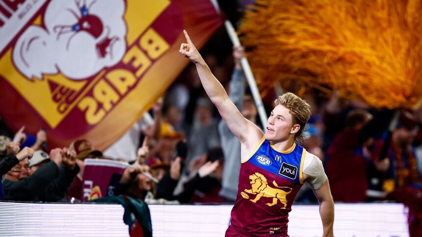 Levi Ashcroft celebrates a goal during round 19, 2025. Picture: AFL Photos