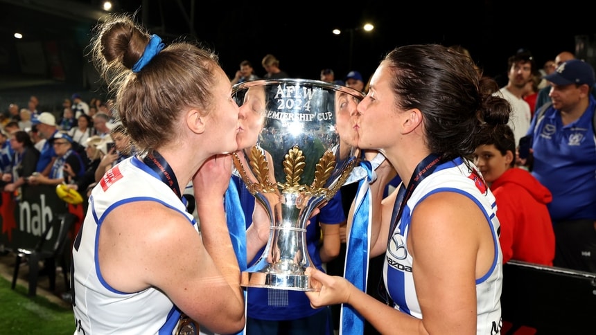 Libby Birch and Tahlia Randall after the AFLW Grand Final between North Melbourne and Brisbane at Ikon Park, November 30, 2024. Picture: AFL Photos
