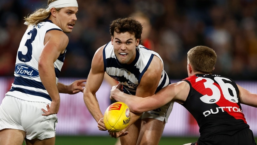 Jack Bowes in action during the 2025 AFL Round 22 match between the Geelong Cats and Essendon at GMHBA Stadium. Picture: Michael Willson/AFL Photos