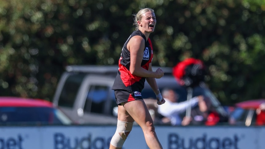 Christina Bernardi of the Bombers celebrates after kicking a goal during the 2025 VFLW Elimination Final between the Box Hill Hawks and Essendon at Box Hill City Oval. Picture: Craig Dooley/AFL Photos