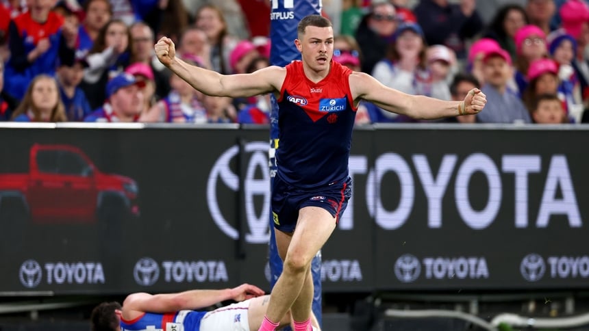 Daniel Turner celebrates a goal during Melbourne's clash against the Western Bulldogs in round 22, 2025. Picture: AFL Photos