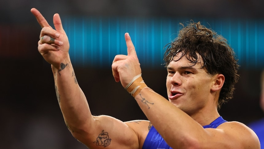 Cam Rayner celebrates a goal during the match between Fremantle and Brisbane at Optus Stadium in round 23, 2025. Picture: Getty Images