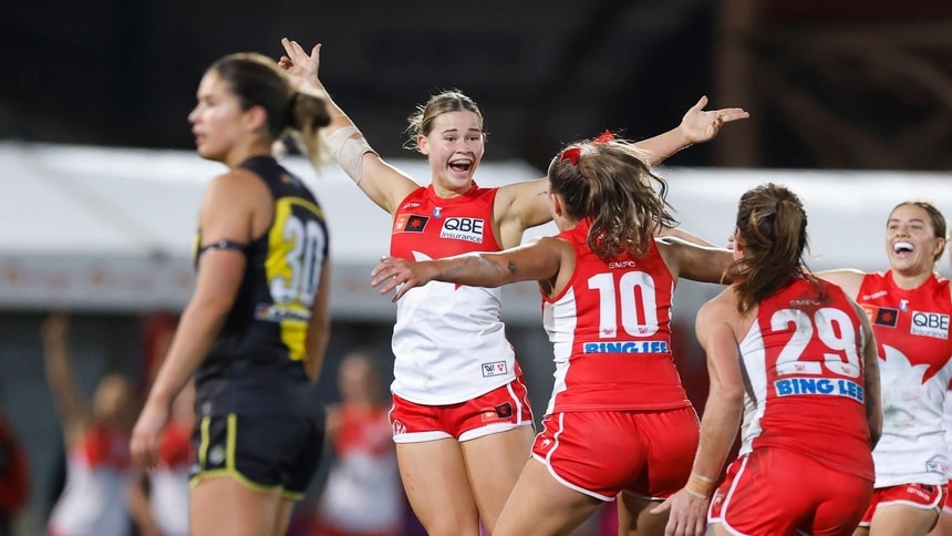 Holly Cooper celebrates during the AFLW round one match between Sydney and Richmond at North Sydney Oval, August 15, 2025. Picture: Getty Images
