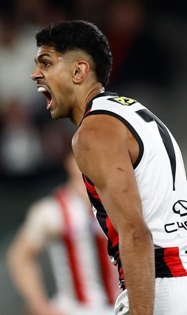 Nasiah Wanganeen-Milera celebrates a goal during St Kilda's clash against Essendon in round 23, 2025. Picture: AFL Photos