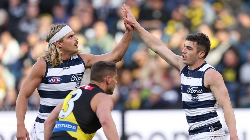 Bailey Smith and Shaun Mannagh celebrate a goal during Geelong's clash against Richmond in round 24, 2025. Picture: Getty Images