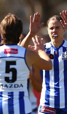 Jasmine Garner celebrates during the AFLW Round two match between North Melbourne and Port Adelaide at Arden Street Ground, August 24, 2025. Picture: Getty Images