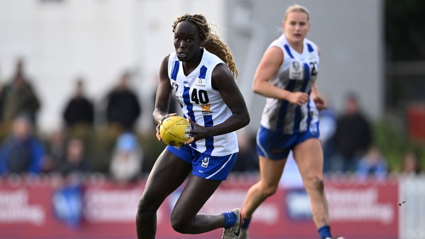 Nyakoat Dojiok of the Kangaroos in action during the 2025 VFLW Grand Final between Collingwood and North Melbourne Werribee at ETU Stadium. Picture: Lachie Chugg/AFL Photos