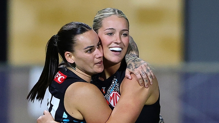 Gemma Houghton and Matilda Scholz celebrate a goal during the match between Yartapuulti (Port Adelaide) and Gold Coast at Alberton Oval in round three, 2025. Picture: AFL Photos