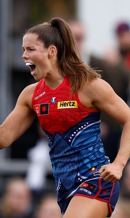 Kate Hore celebrates a goal during round three, 2025. Picture: AFL Photos