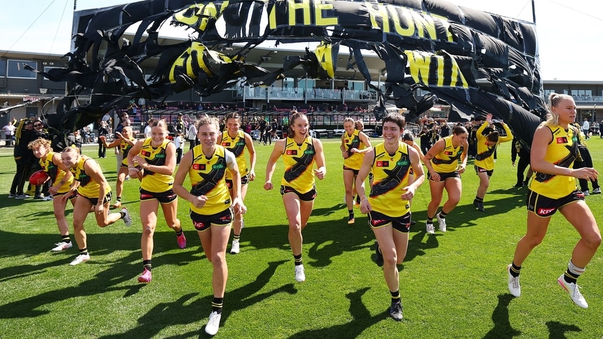 Richmond players take to the field during the AFLW R4 match against Narrm (Melbourne) at Casey Fields on September 6, 2025. Picture: AFL Photos