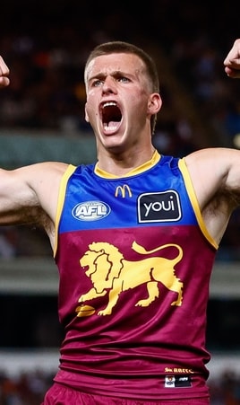 Ty Gallop celebrates a goal during the semi-final between Brisbane and Gold Coast at the Gabba on September 13, 2025. Picture: AFL Photos