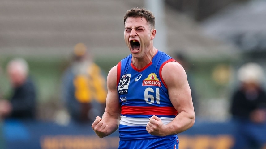 Footscray's Cooper Craig-Peters celebrates after kicking a goal during the 2025 VFL First Preliminary Final. Picture: Craig Dooley/AFL Photos