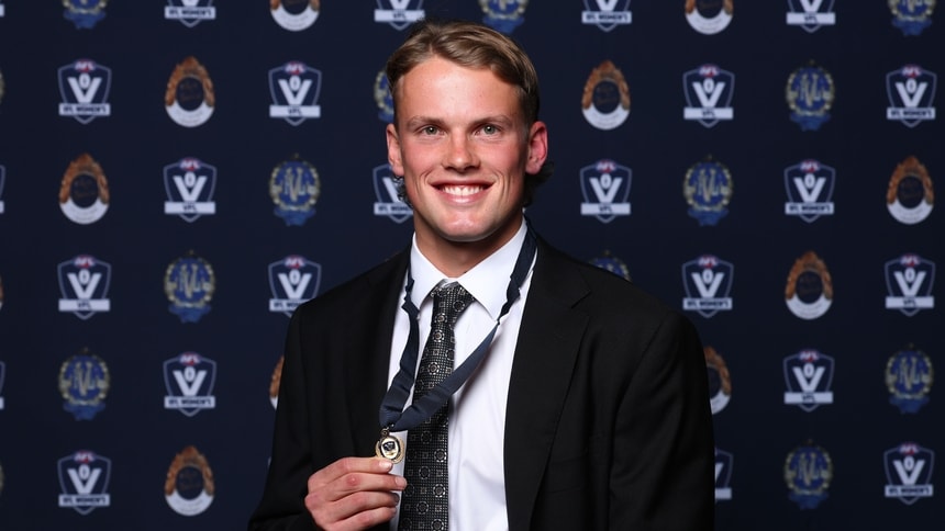 Tom Blamires poses for a photo after winning the Fothergill-Round-Mitchell Medal at the 2025 VFL and VFLW Awards on September 15, 2025. Picture: AFL Photos