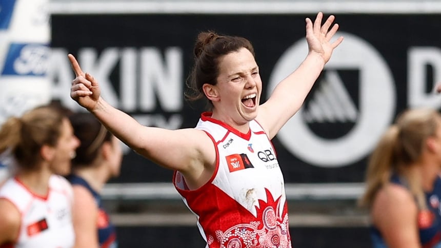 Jas Grierson celebrates a goal during the match between Geelong and Sydney at GMHBA Stadium in round three, 2025. Picture: AFL Photos