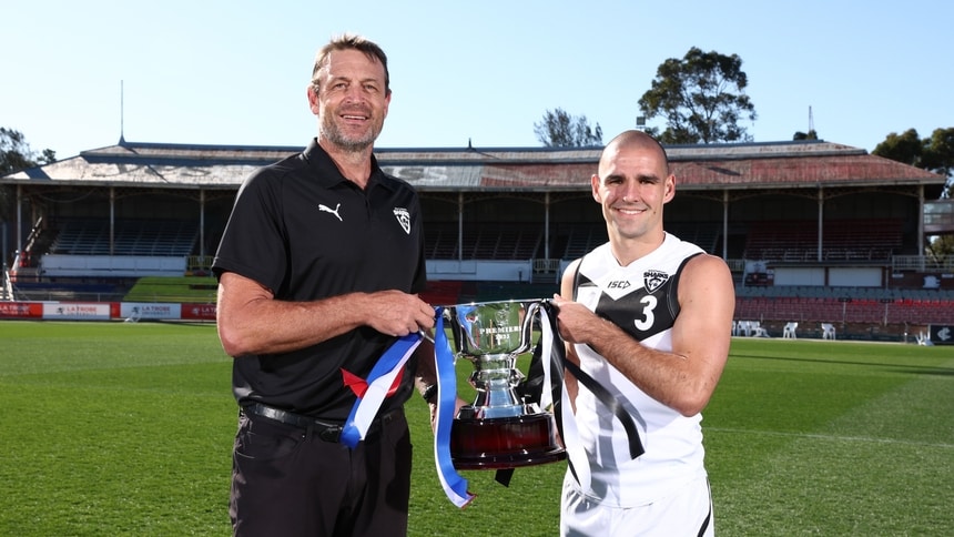 Southport Sharks coach Matthew Primus and captain Jacob Dawson at the 2025 Smithy's VFL Grand Final photoshoot. Picture: James Wiltshire/AFL Photos
