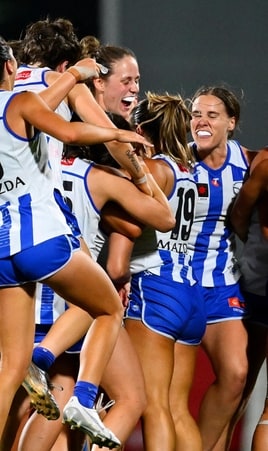 Players celebrate victory after the AFLW Grand Final between North Melbourne and Brisbane at Ikon Park, November 30, 2024. Picture: Getty Images