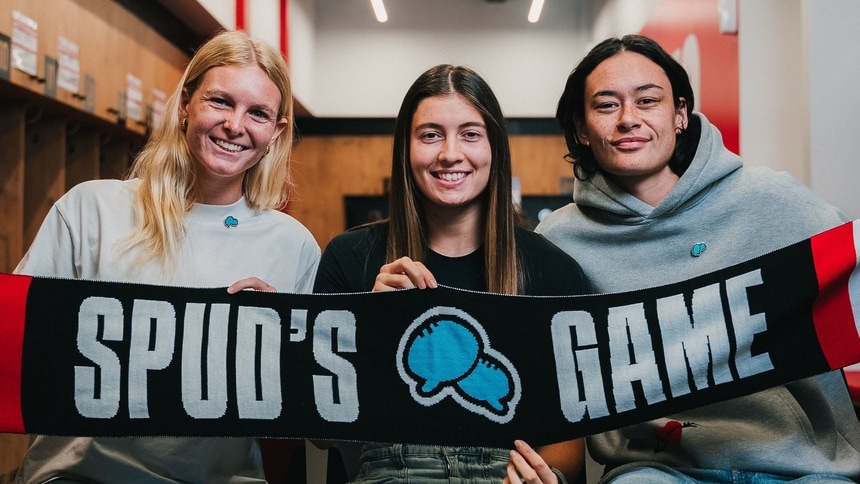 Serene Watson, Georgia Patrikios and Jesse Tawhiao-Wardlaw unite for Spud's game this weekend at RSEA Park on Sunday. Picture: St Kilda FC