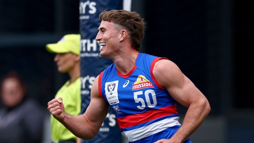 Dan Orgill celebrates kicking a goal during the 2025 Smithy's VFL Grand Final between Footscray Bulldogs and Southport Sharks at IKON Park. Picture: Josh Chadwick/AFL Photos