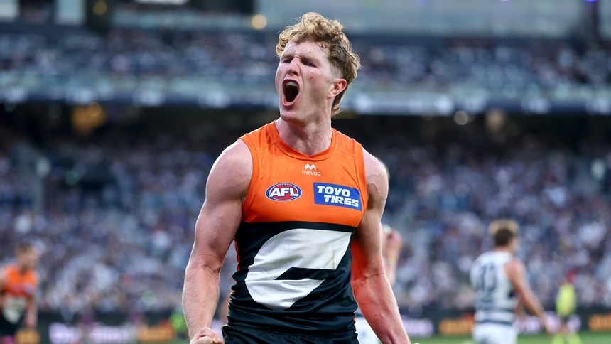 Tom Green celebrates a goal during the round nine match between Geelong and GWS at GMHBA Stadium, on May 11, 2025. Picture: AFL Photos