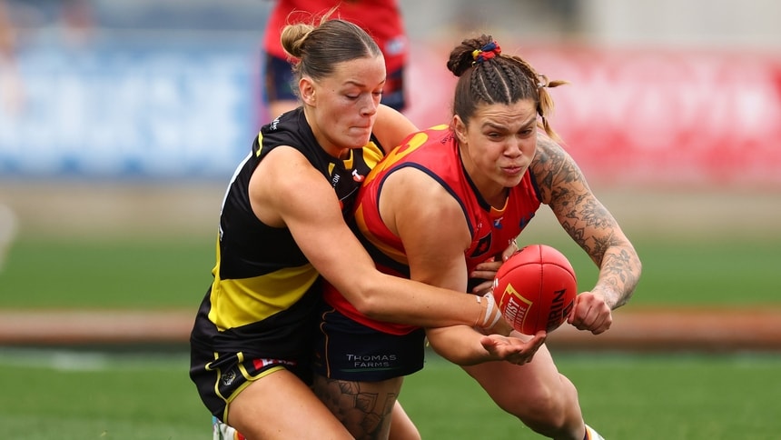Anne Hatchard is tackled during the AFLW Round 8 match between Richmond and Adelaide at Ikon Park, October 5, 2025. Picture: Getty Images
