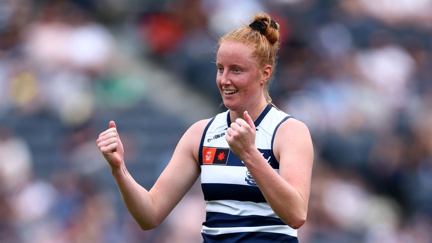 Aishling Moloney celebrates a goal during Geelong's clash against Carlton in round eight, 2025. Picture: AFL Photos