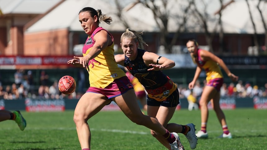 Ellie Hampson is chased by Teah Charlton during Brisbane's clash with Adelaide in AFLW round four, 2025. Picture: AFL Photos
