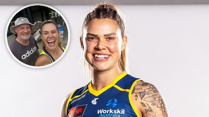 Anne Hatchard and (inset) Hatchard and her dad. Pictures: AFL Photos and Anne Hatchard/Instagram