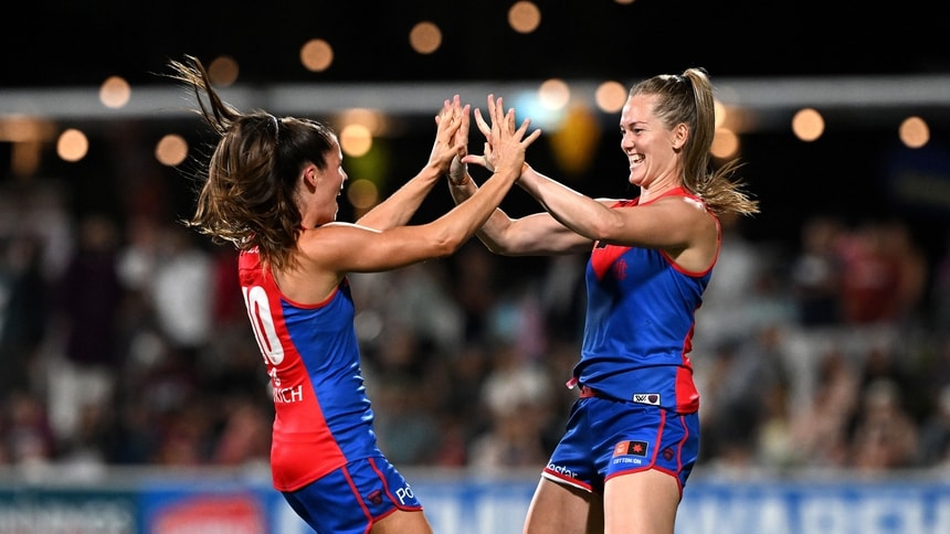 Kate Hore (left) and Kate Hore celebrate a goal during round 11, 2025. Picture: AFL Photos/Getty Images