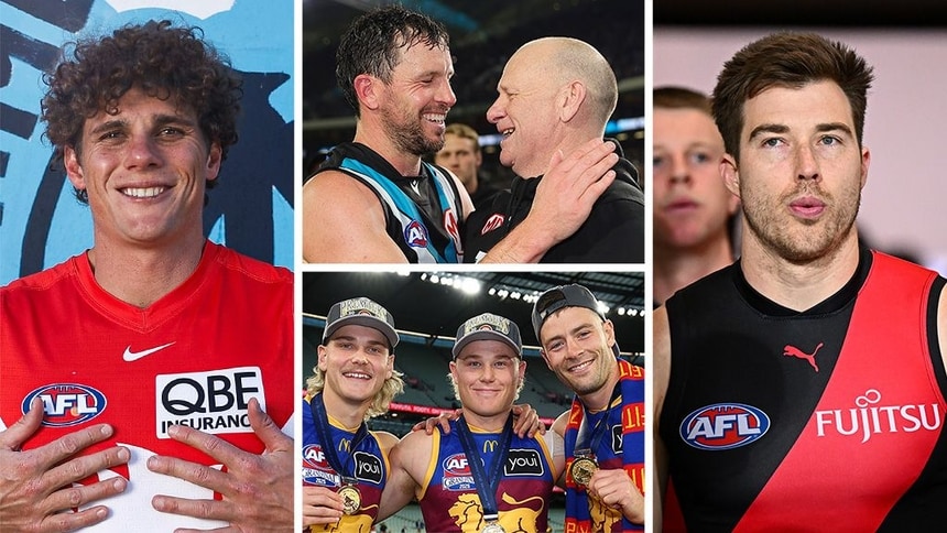 Season wrap (clockwise L-R): Charlie Curnow; Travis Boak and Ken Hinkley; Zach Merrett; Will Ashcroft, Levi Ashcroft and Josh Dunkley. Pictures: AFL Photos