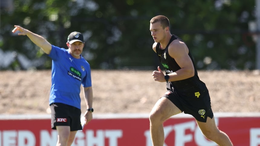 Sam Lalor in action during Richmond's pre-season training session at Punt Road Oval on November 14, 2025. Picture: AFL Photos