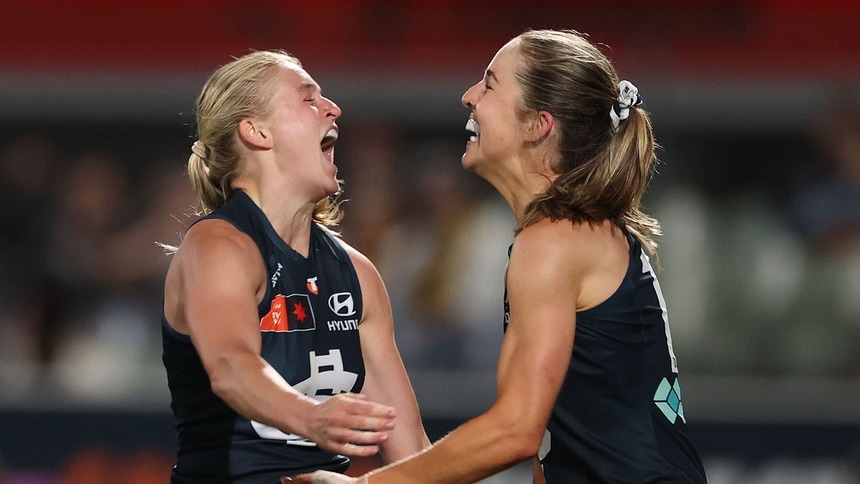 Lily Goss celebrates a goal with Dayna Finn during the AFLW Semi-Final between Carlton and Hawthorn at Ikon Park on November 15, 2025. Picture: AFL Photos