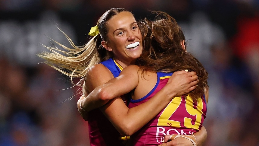 Taylor Smith celebrates a goal during Brisbane's loss to North Melbourne in the 2025 NAB AFLW Grand Final. Picture: AFL Photos