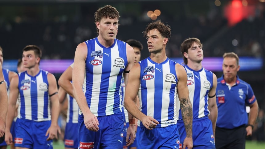 Nick Larkey and Jy Simpkin after North Melbourne's loss to Carlton in R6, 2025. Picture: AFL Photos