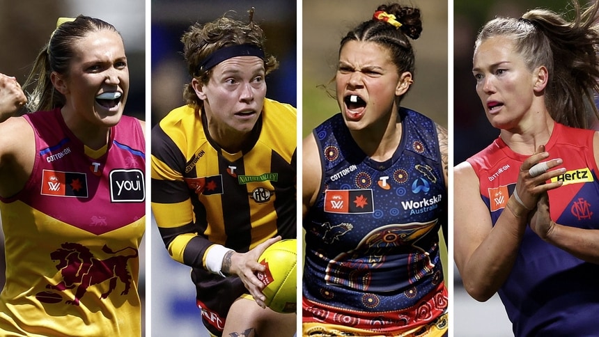 L-R: Taylor Smith, Tilly Lucas-Rodd, Anne Hatchard, Eden Zanker. Pictures: AFL Photos