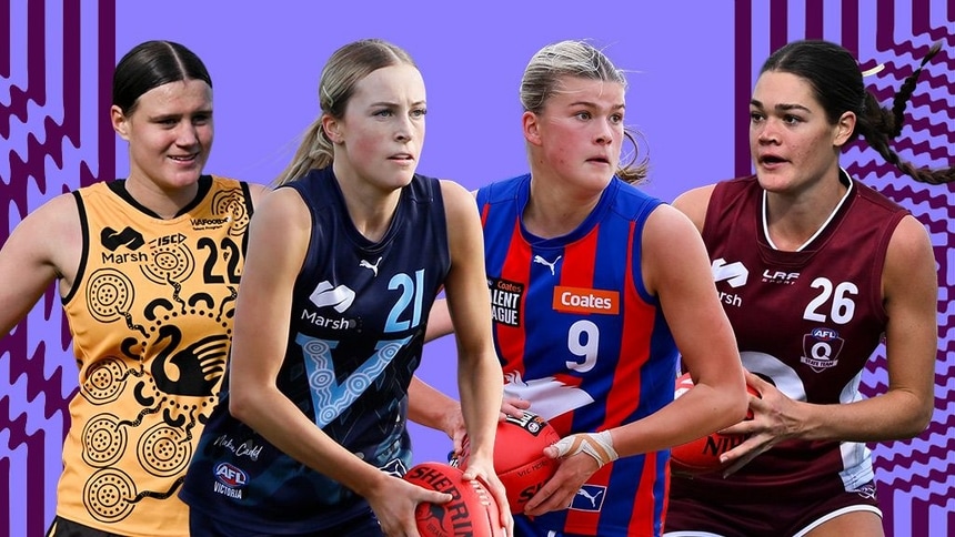 2025 draft prospects Olivia Wolmarans, Scarlett Johnson, Chloe Bown and Georja Davies. Pictures: AFL Photos
